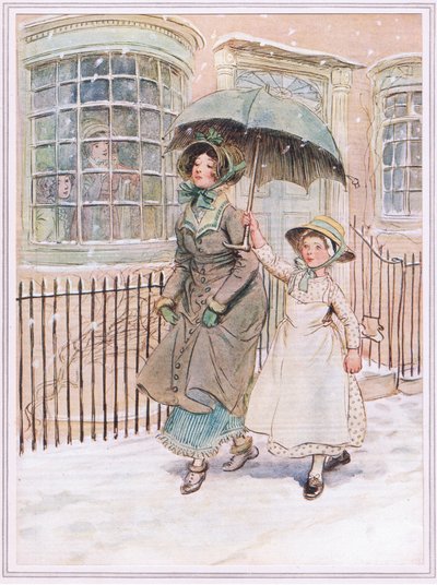 Maintenant et alors les dames passent dans leurs patins, une servante peut-être les protégeant avec un parapluie, car des flocons de neige tombent discrètement. - Hugh Thomson